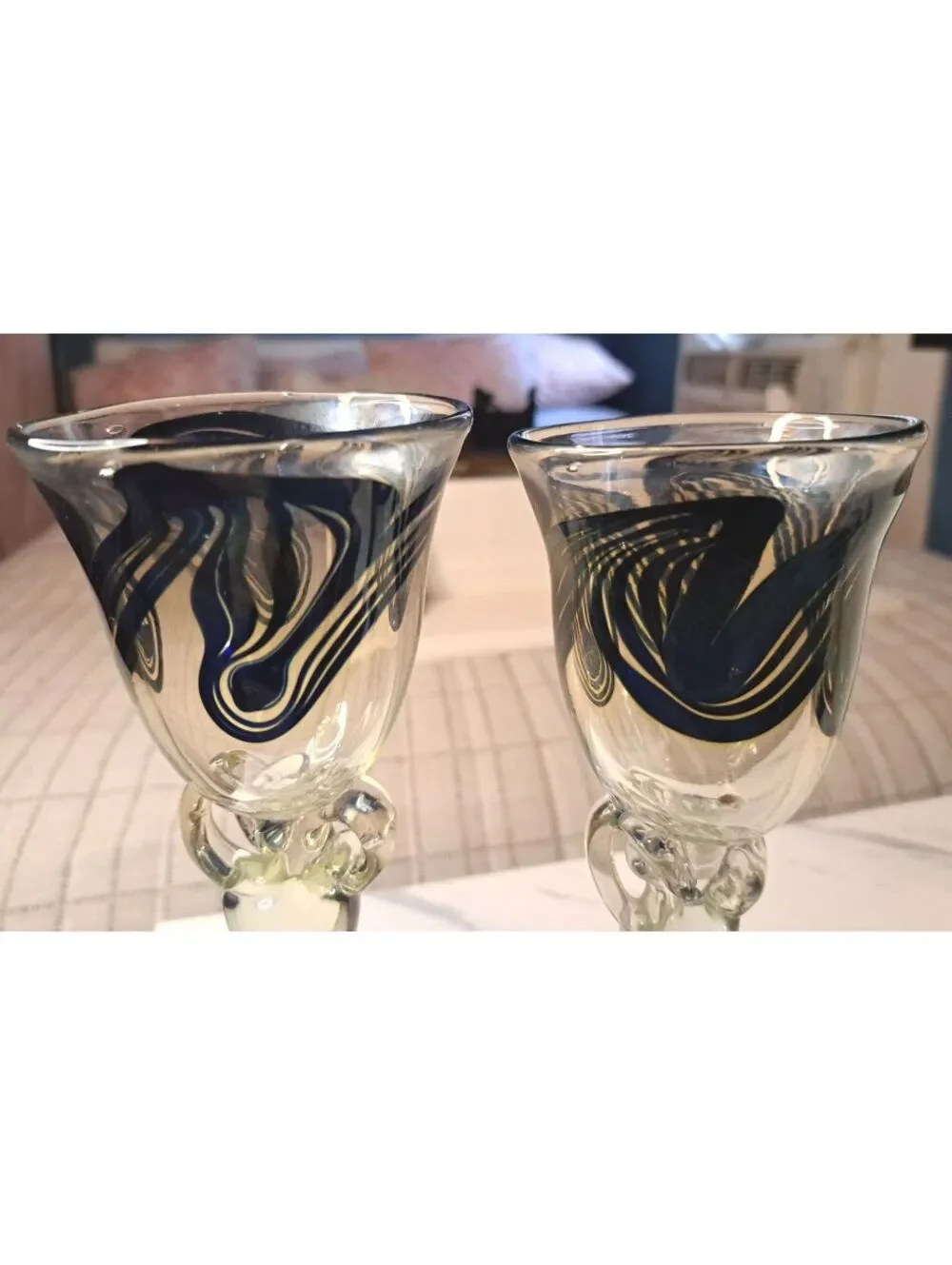 Vtg 1976 Set of Robert Doring Signed Hand-Blown Art Glass Candle Holders/Goblets